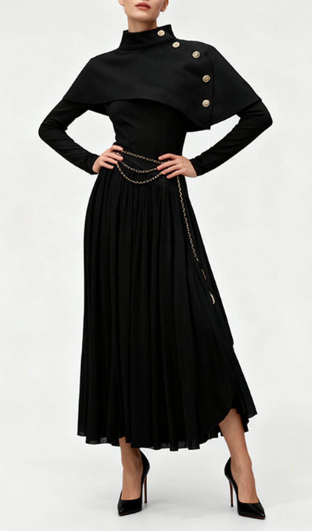Jairo Black Asymmetrical Capelet Midi Dress - Elegant Long Sleeve Style
