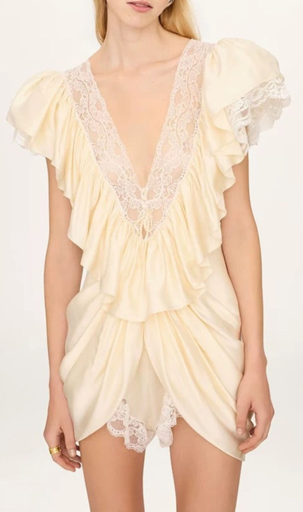 Kineks Romantic Lace Ruffle Mini Dress | Plunging V-Neck & Puff Sleeves