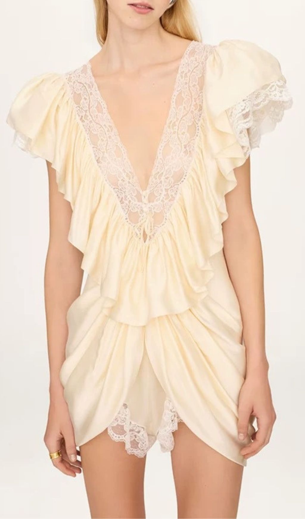 Kineks Romantic Lace Ruffle Mini Dress | Plunging V-Neck & Puff Sleeves