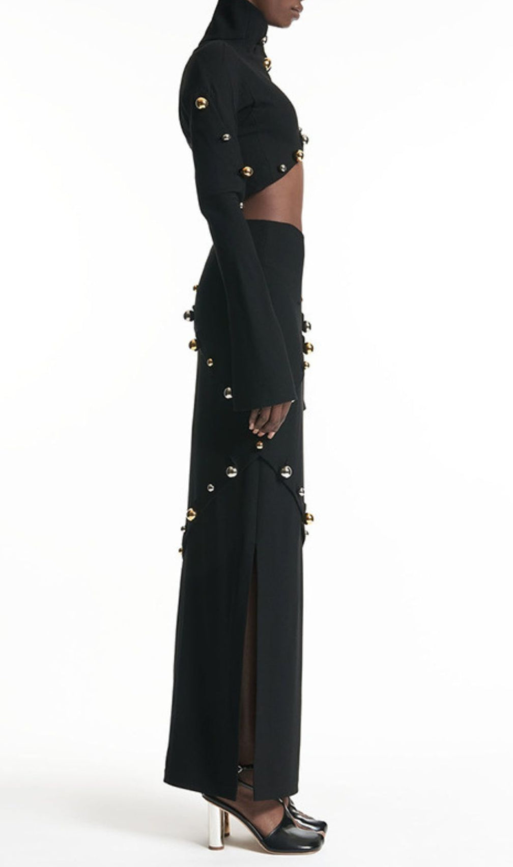 Ilario Luxe Studded Black Long Sleeve Crop Top & Maxi Skirt Set