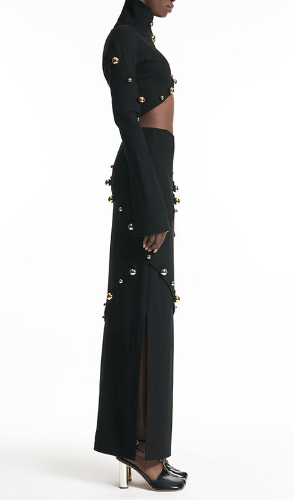 Ilario Luxe Studded Black Long Sleeve Crop Top & Maxi Skirt Set