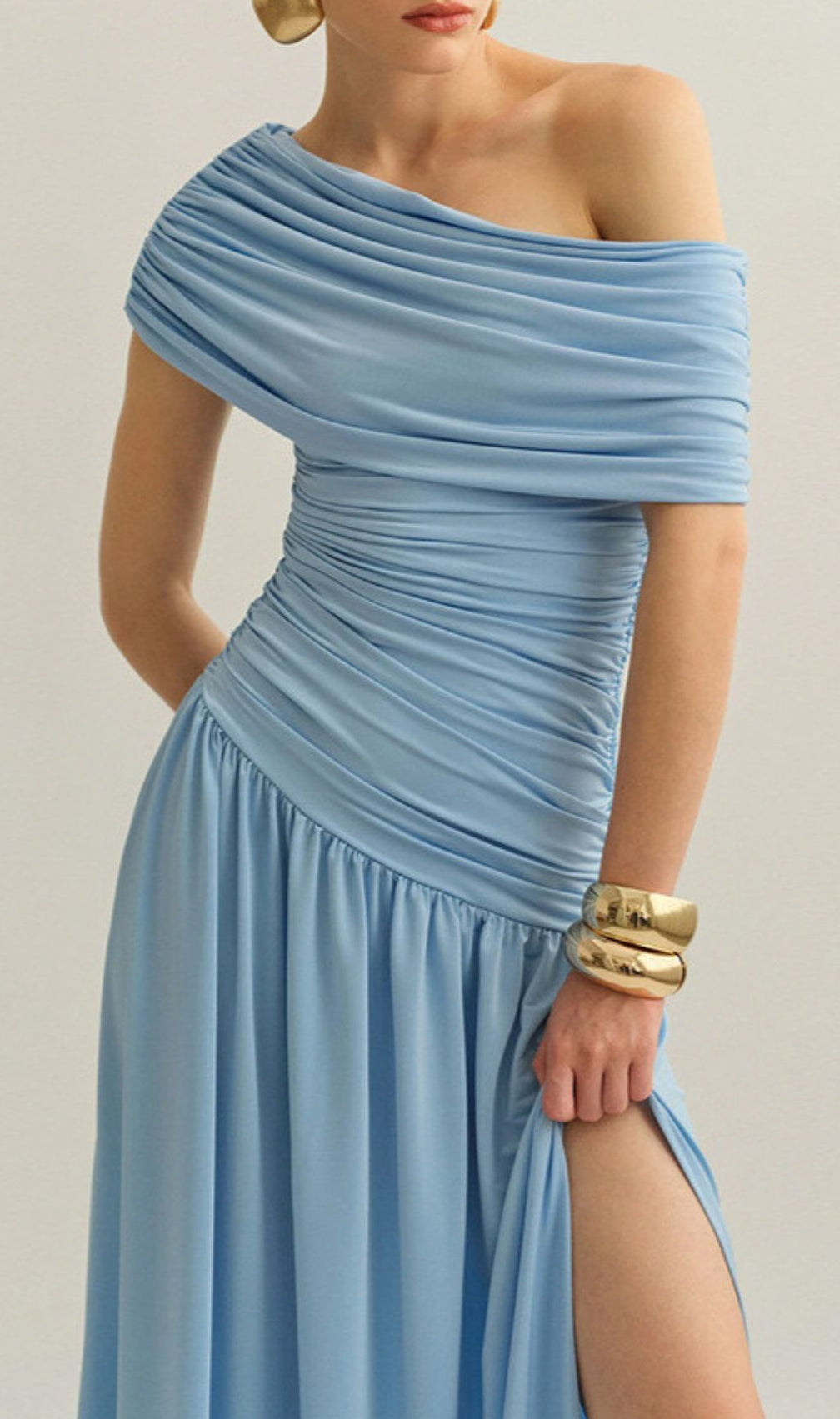 Josefa Sky Blue Ruched Off-Shoulder Maxi Dress with High Slit