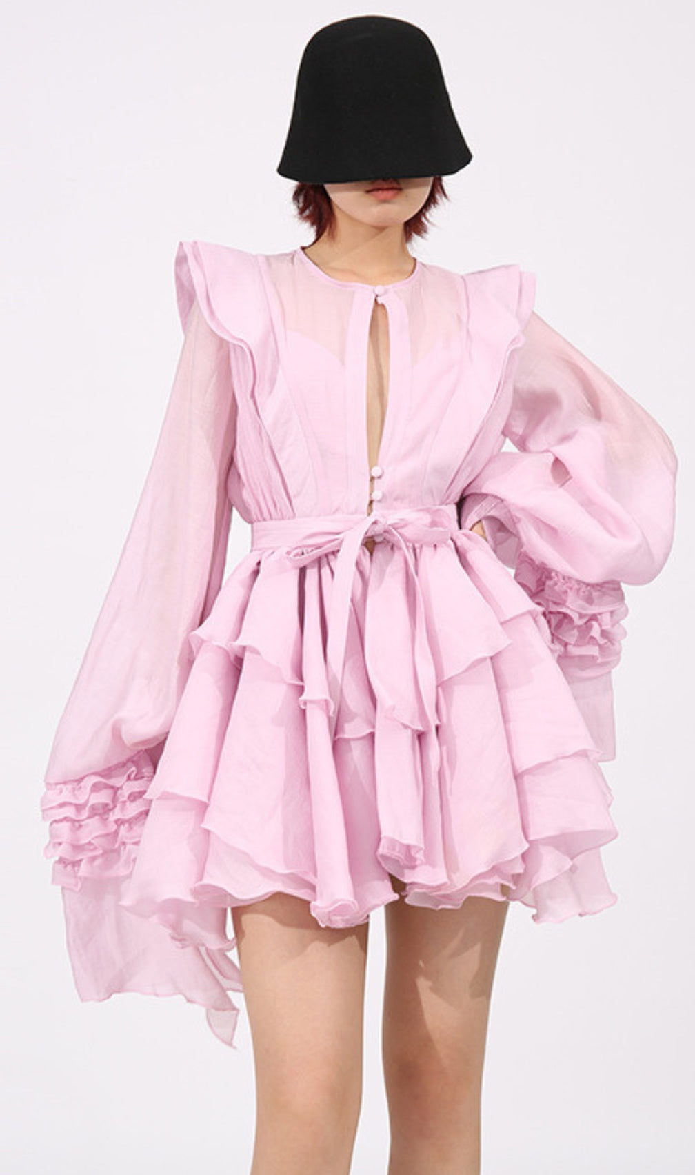 Fleur Pink Long Sleeve Ruffle Mini Dress
