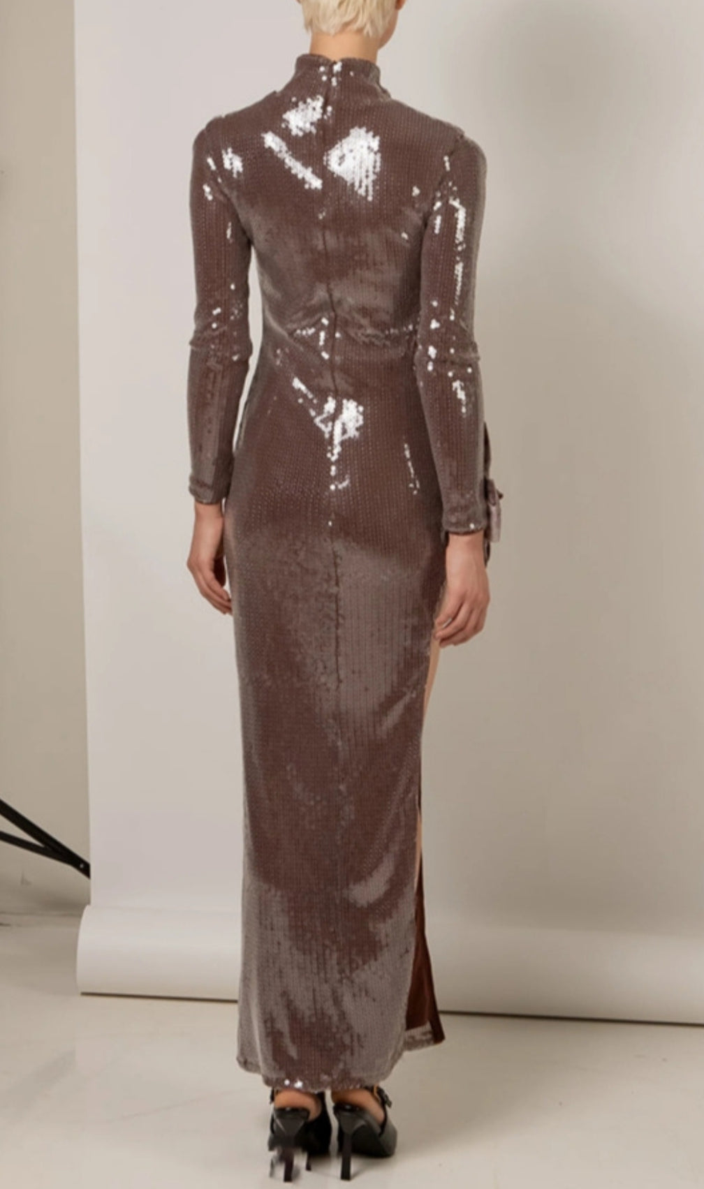 Bash Brown Long Sleeve Bow Sequin Maxi Dress