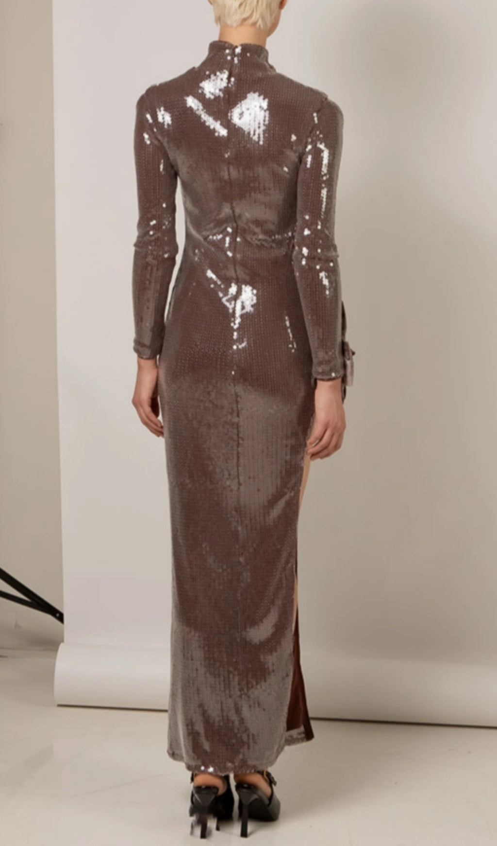 Bash Brown Long Sleeve Bow Sequin Maxi Dress