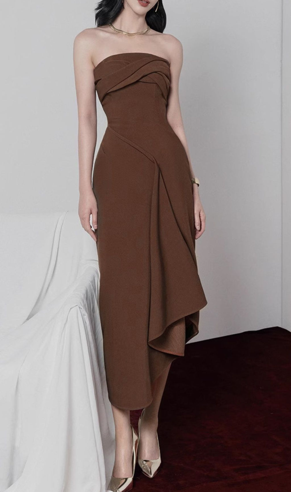 Gali Brown Strapless Irregular Midi Dress