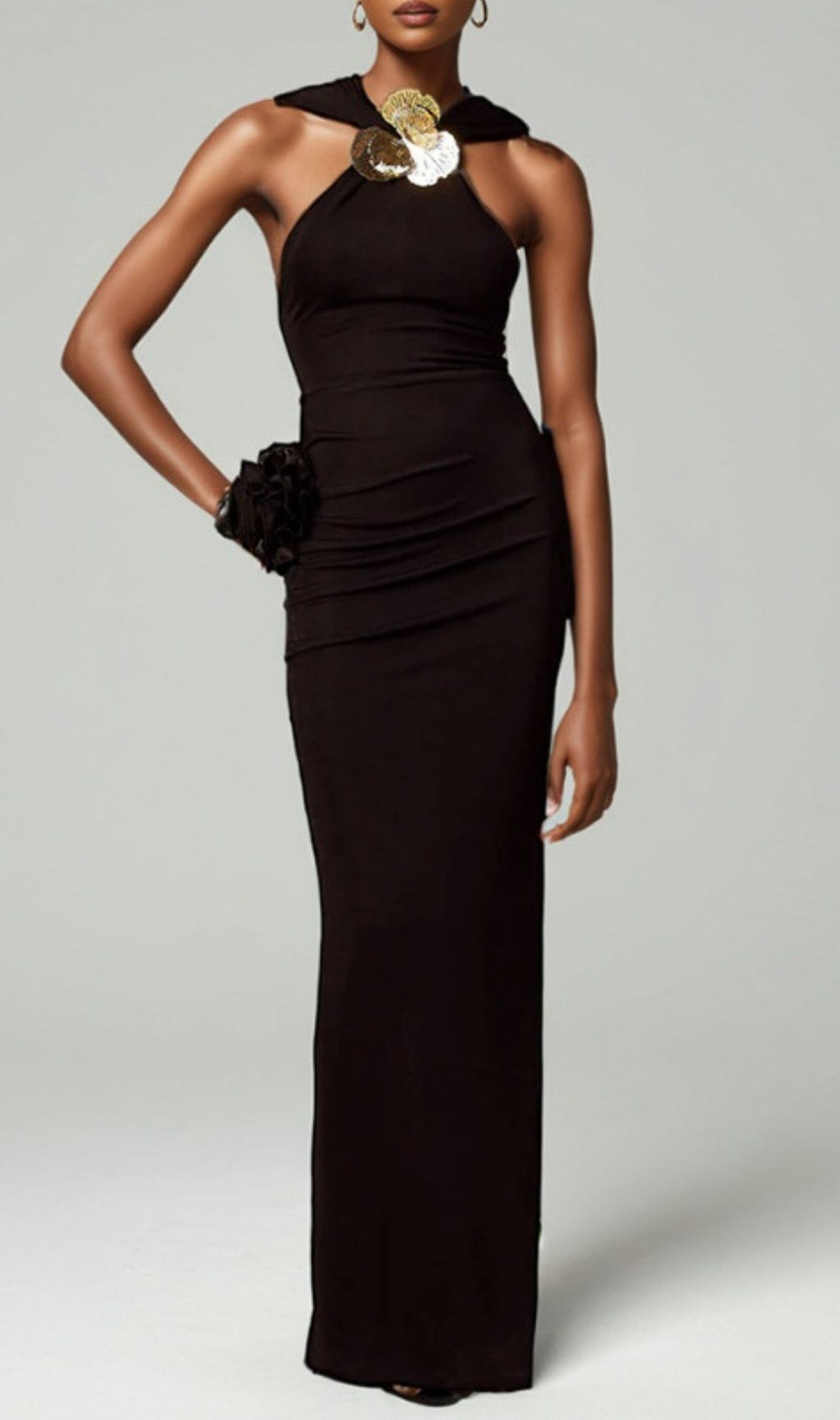 Jyn Black Halter Maxi Dress with Sculptural Floral Embellishment - Elegant Evening Gown