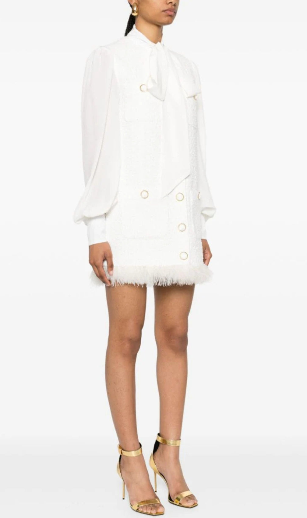 Bush White Feather-Trim Tweed Mini Dress