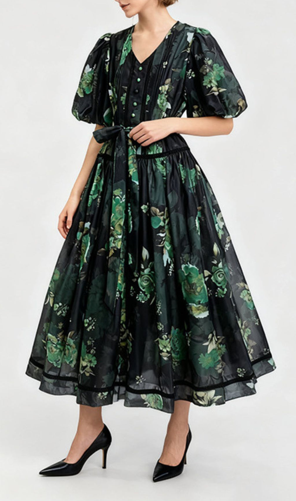 Indah Vibrant Floral Puff-Sleeve Midi Dress – Green & Black Print