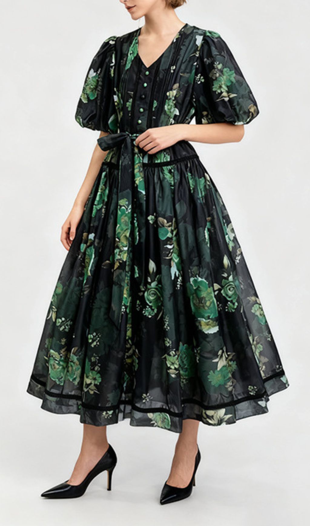 Indah Vibrant Floral Puff-Sleeve Midi Dress – Green & Black Print