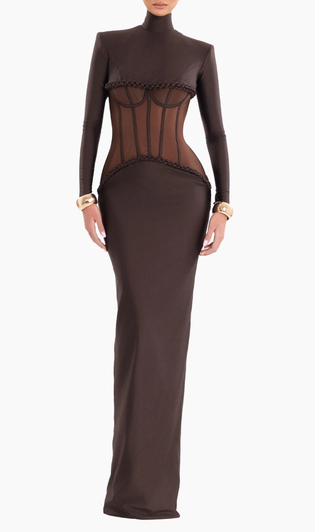 Gravity Coffee Corset Long Sleeve Maxi Dress