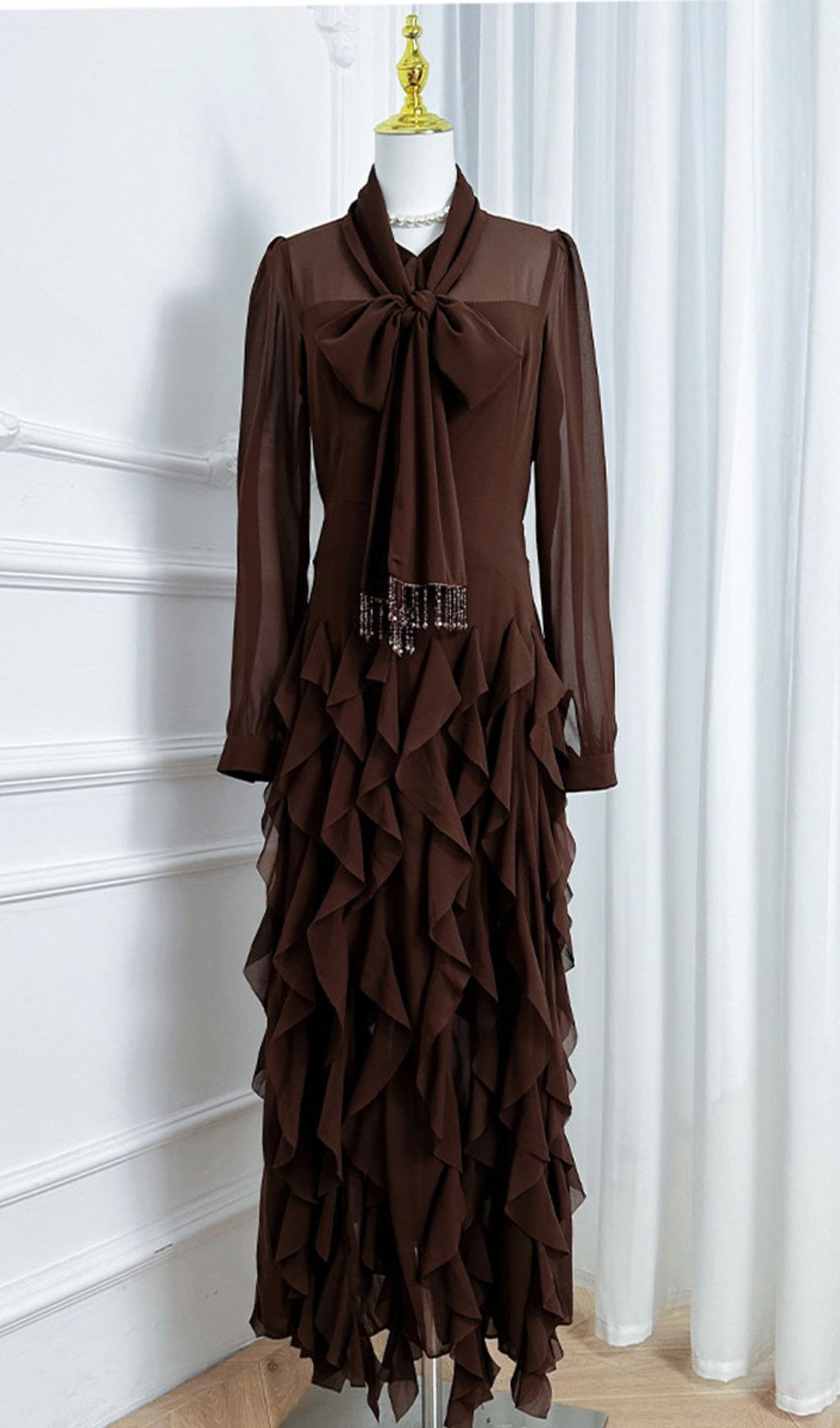 Isaak Ethereal Ruffle Maxi Gown - Elegant Chiffon Dress with Statement Bow Neck