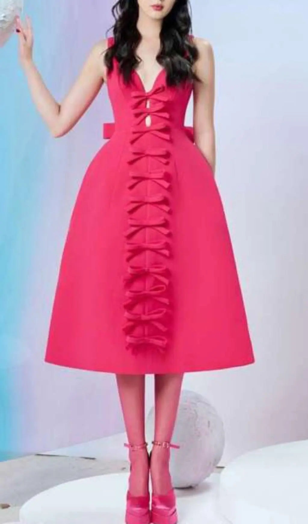 Pink Bowknot Strappy Midi Dress