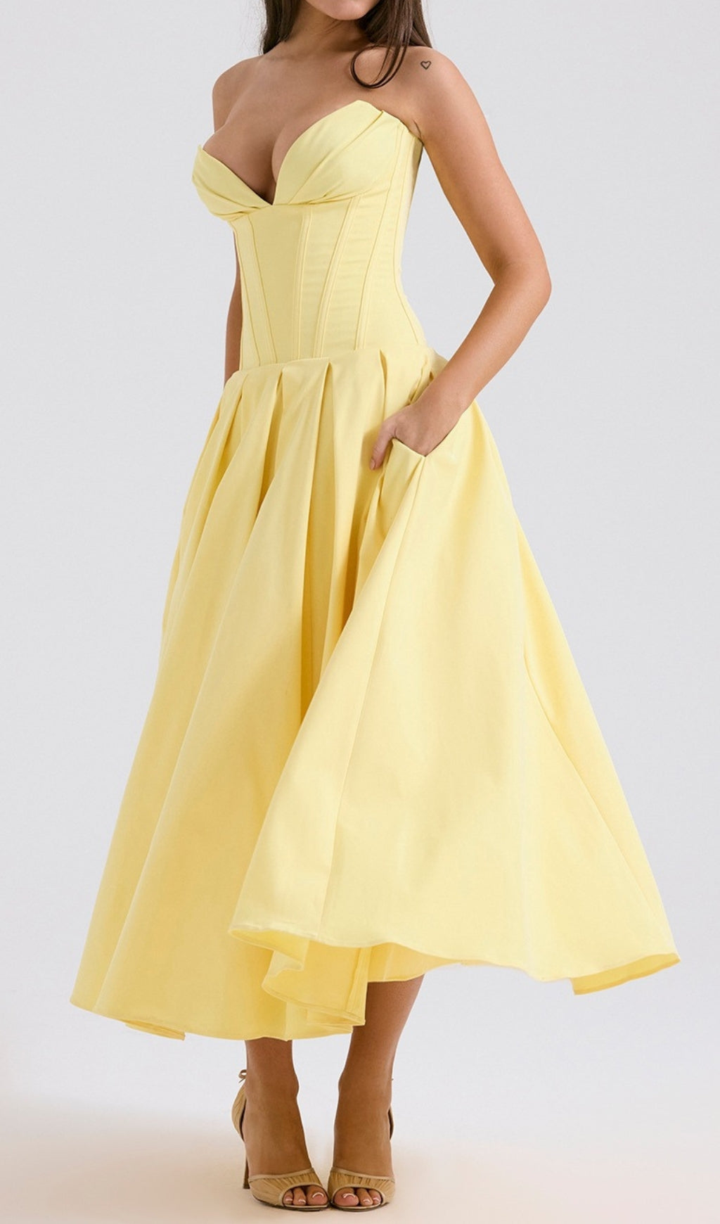 Devani Yellow Strapless Corset Midi Dress
