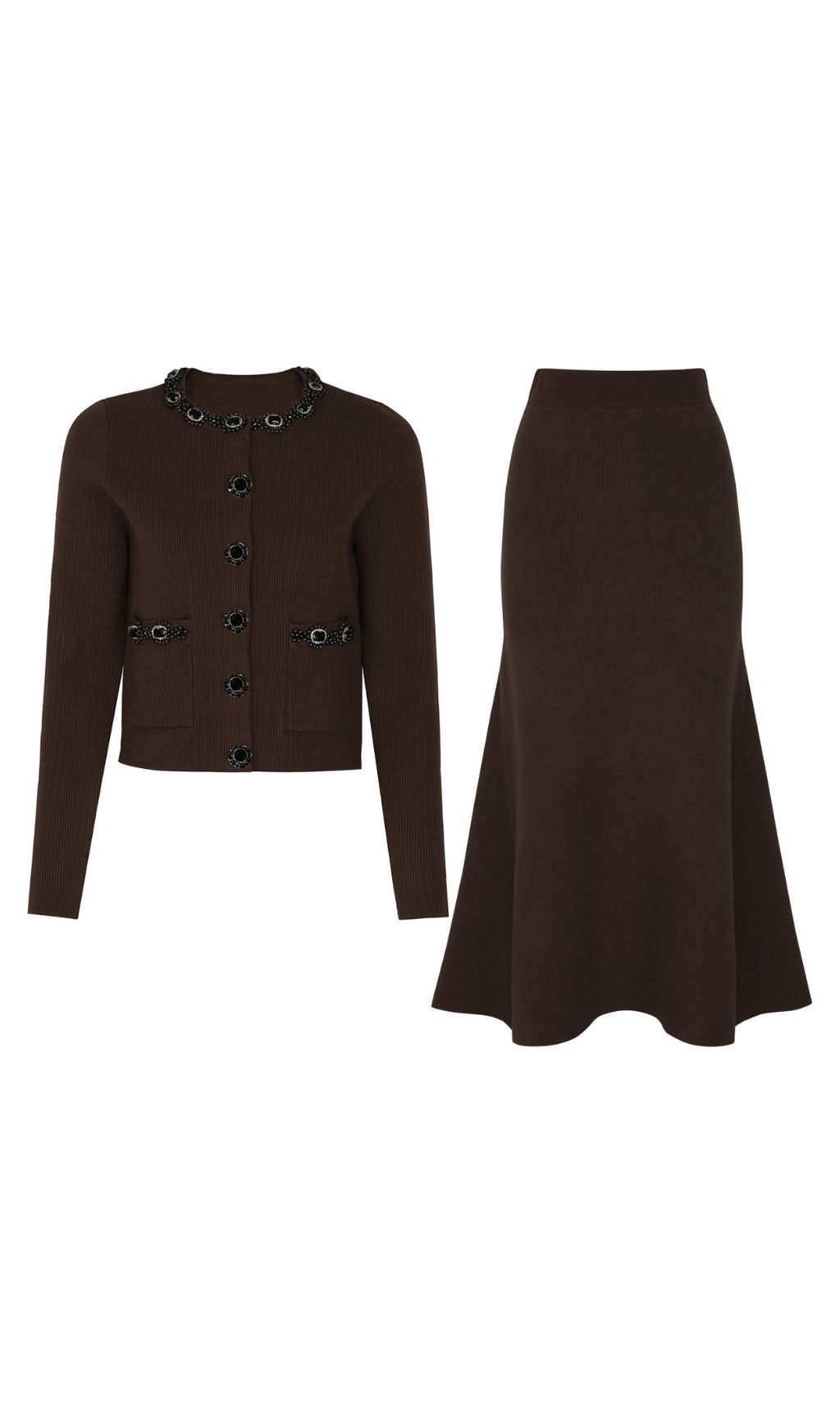 Jie Chic Coffee Ribbed Knit Cardigan & Midi Skirt Set with Embellishments