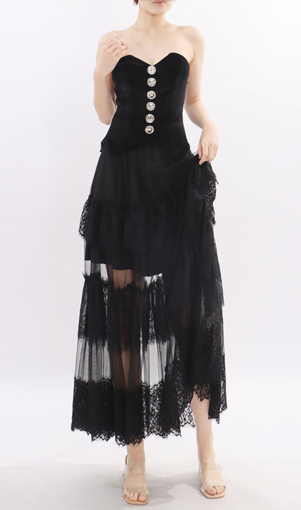 Kaliyah Black Strapless Sweetheart Velvet & Sheer Lace Maxi Dress
