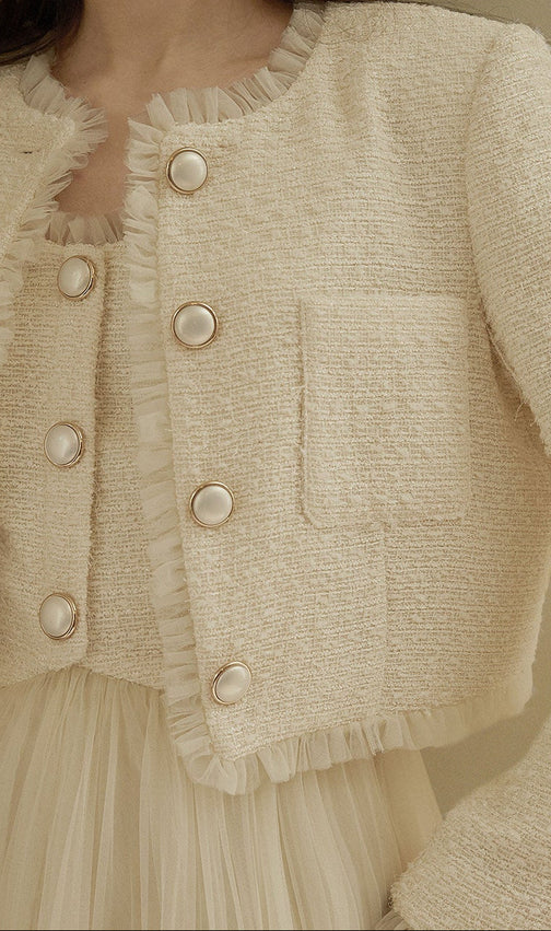 Soft Cream Textured Tweed Cropped Blazer with Ruffle Trim and Pearl Buttons