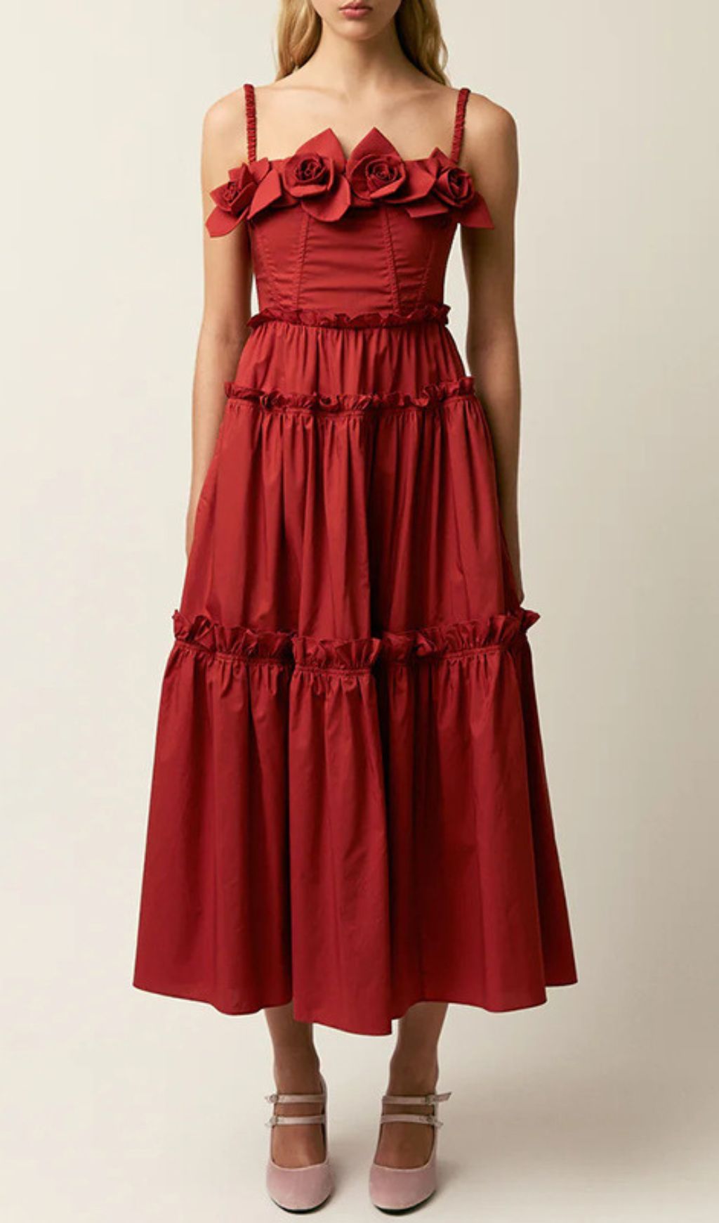 Higgins Vibrant Red Tiered Midi Dress with 3D Floral Bust Appliqués