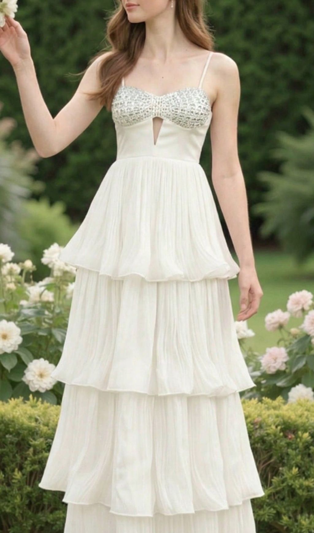 Katherina White Diamante Strappy Tiered Maxi Dress - Ethereal Bridal Elegance