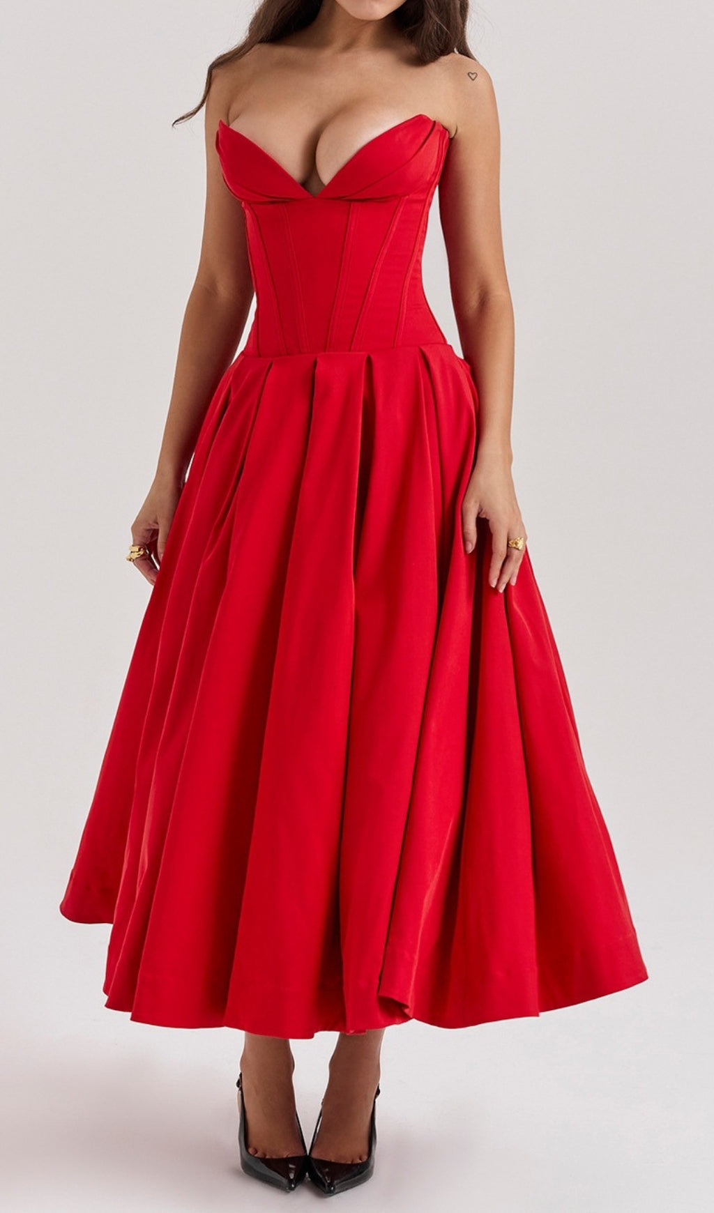 Devani Red Strapless Corset Midi Dress
