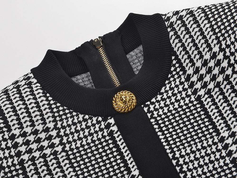 Karinda Chic Houndstooth Knit Mini Dress | Long Sleeve & Gold Buttons