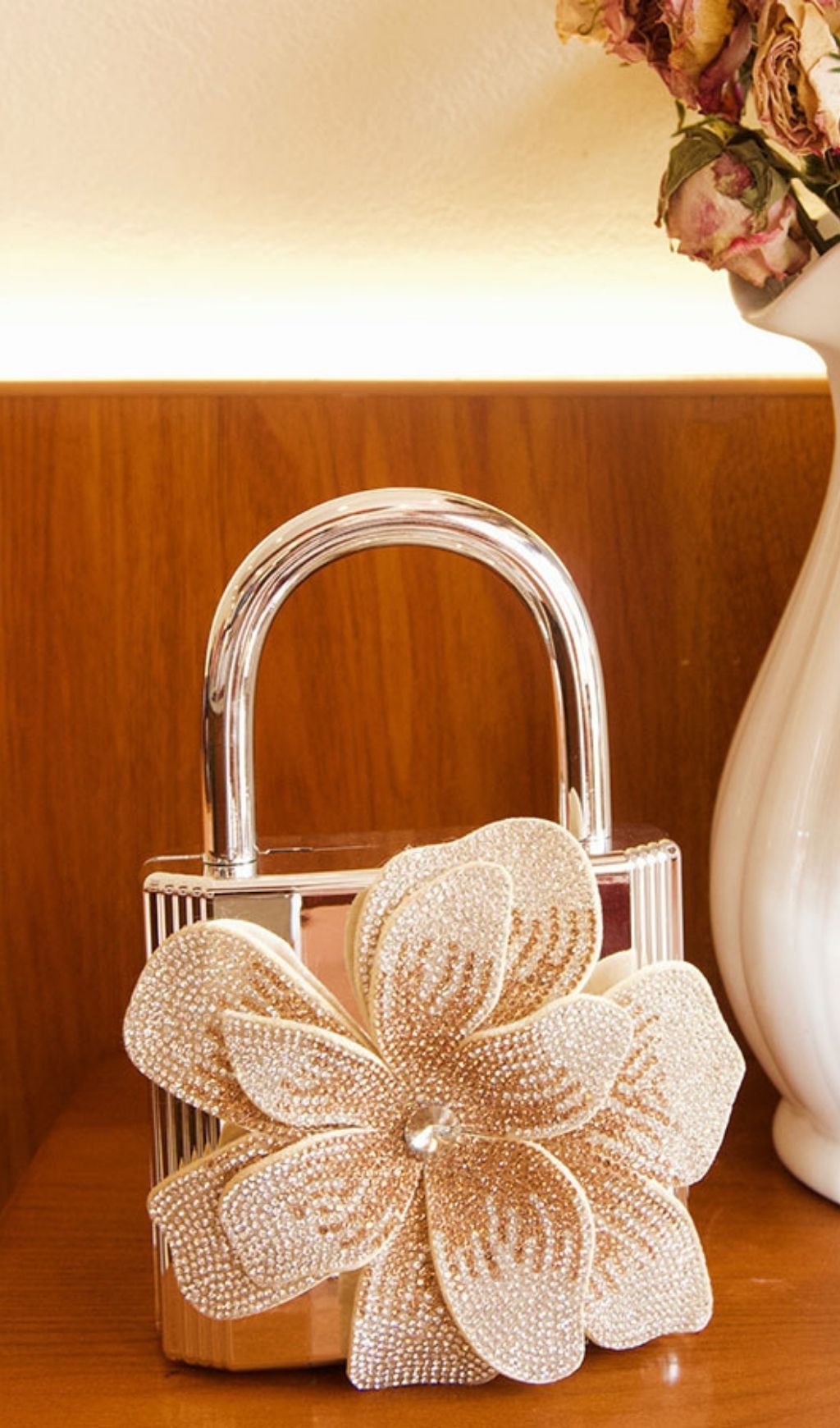Khori Dazzling Silver Flower Diamante Evening Minaudiere Clutch