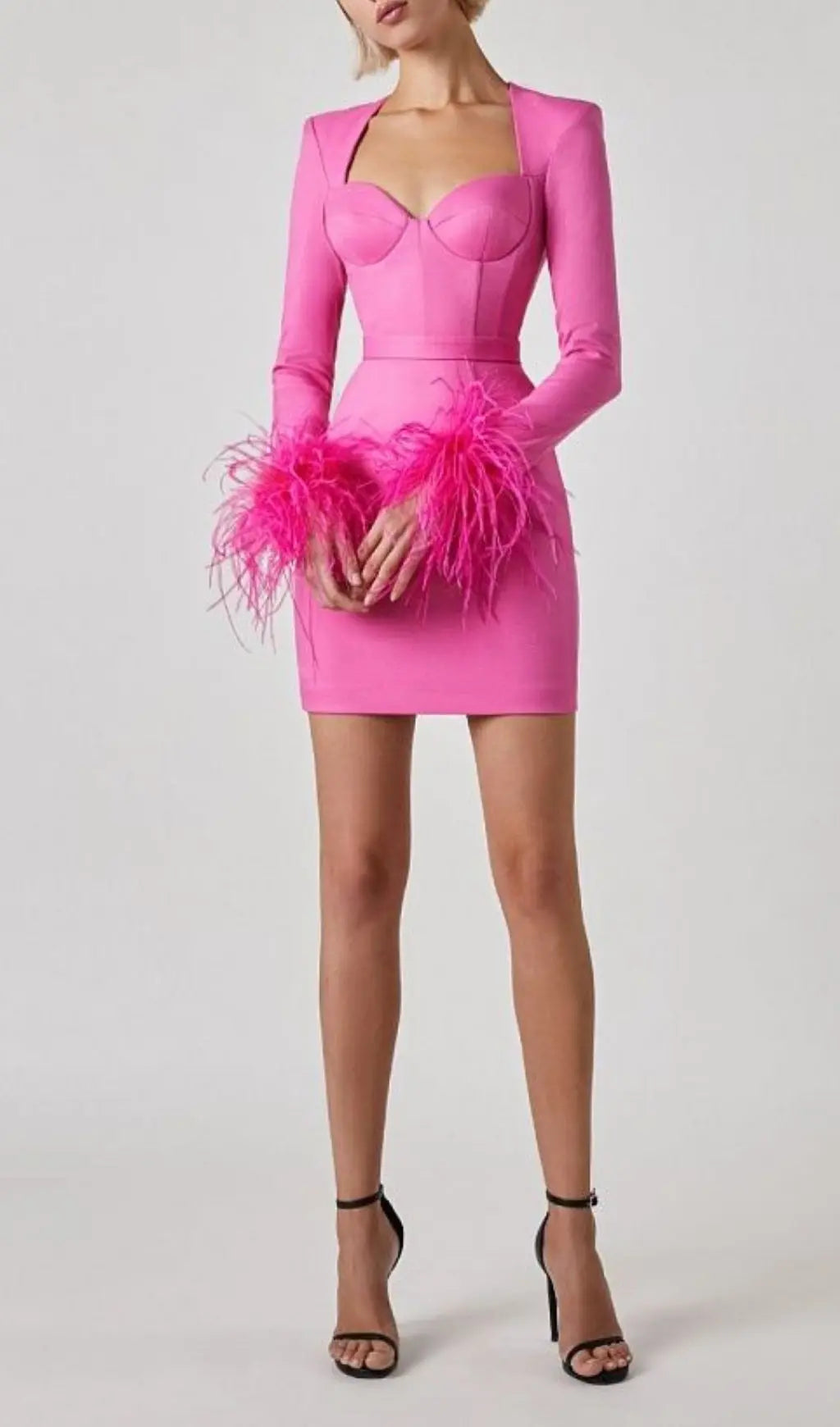 Stretch Long Sleeves Mini Dress In Hyper Pink