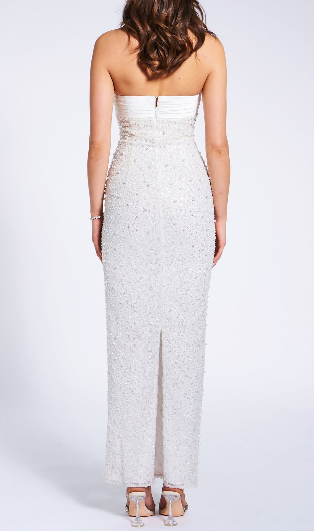 Alazne White Sequin Pearl Maxi Dress