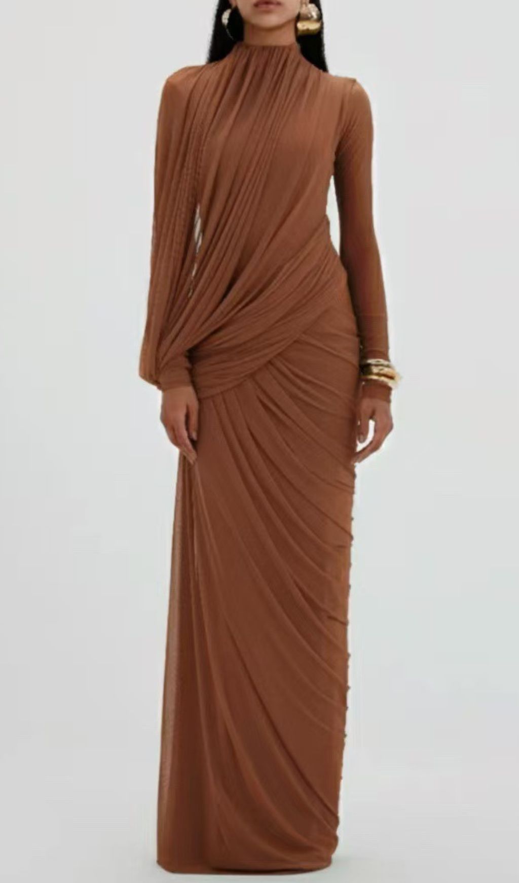 Johnda Elegant Ruched Long Sleeve Maxi Dress | Sophisticated Draped Formal Gown