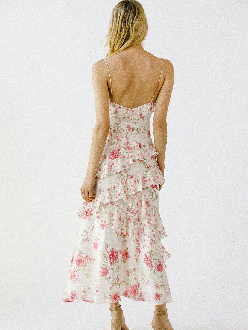 White Floral Print Ruffled Spaghetti Strap Midi Dress