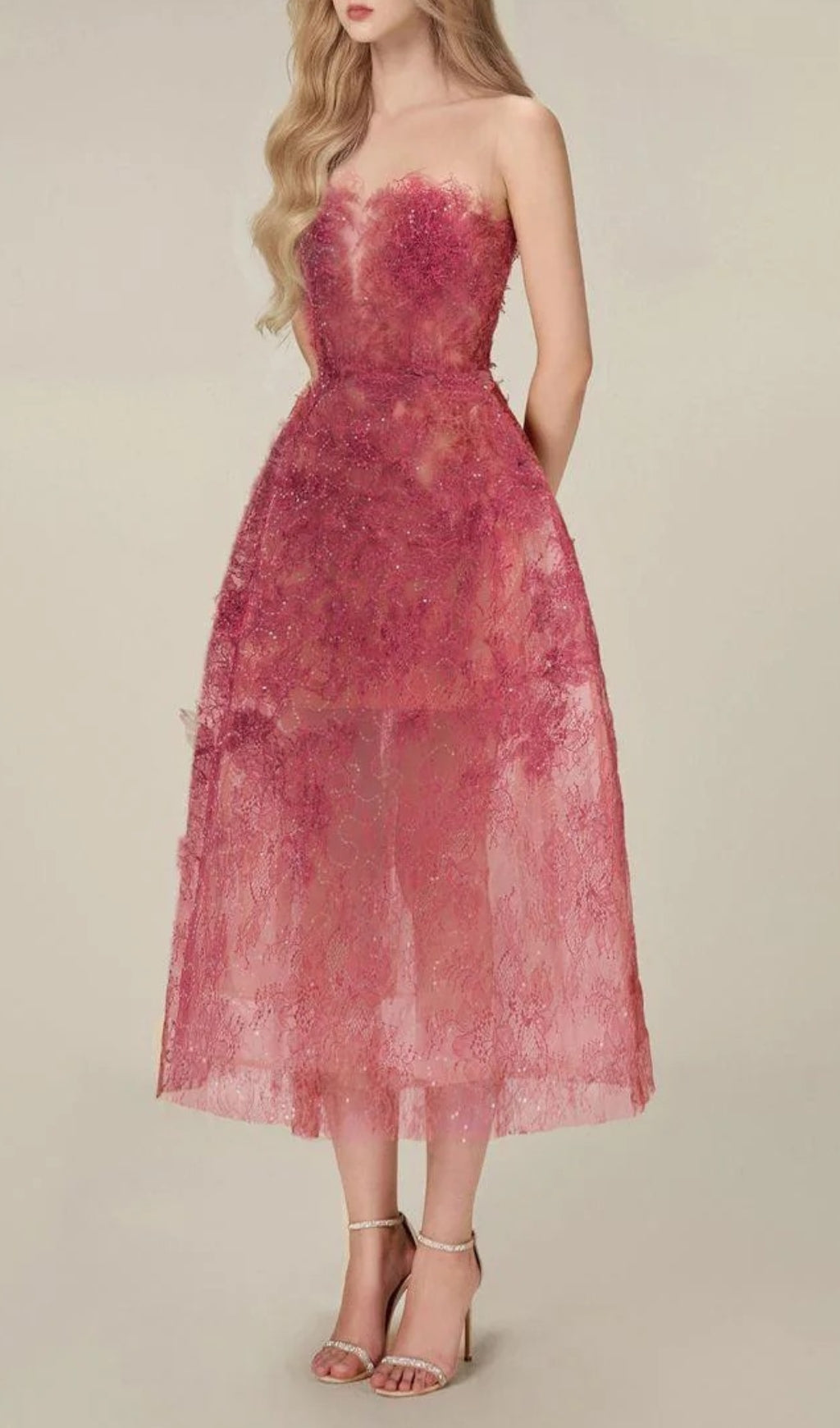 Allyson Rose Red Floral Lace Embroider Midi Dress