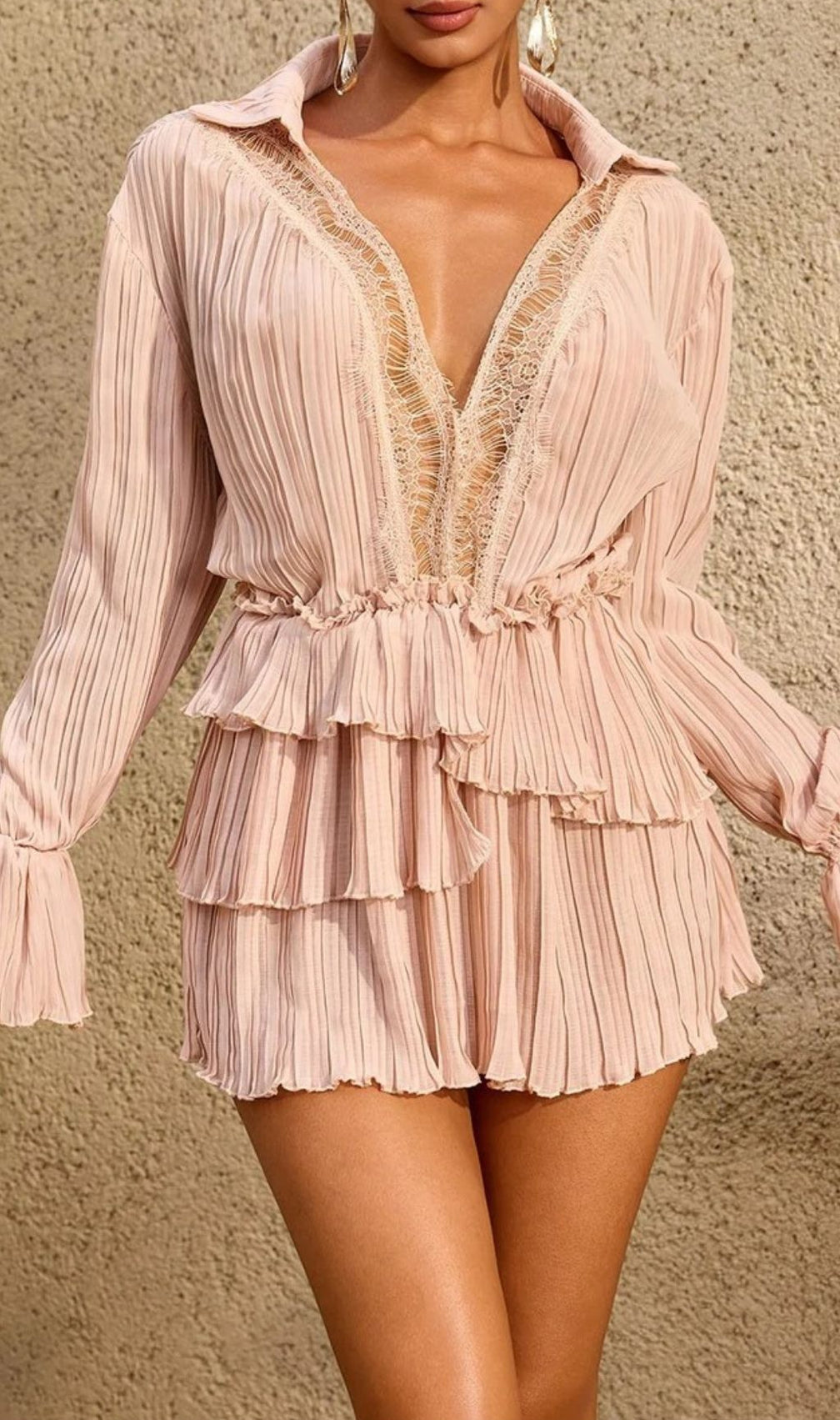 Lorthane Plunge Neck Pleated Tiered Mini Dress