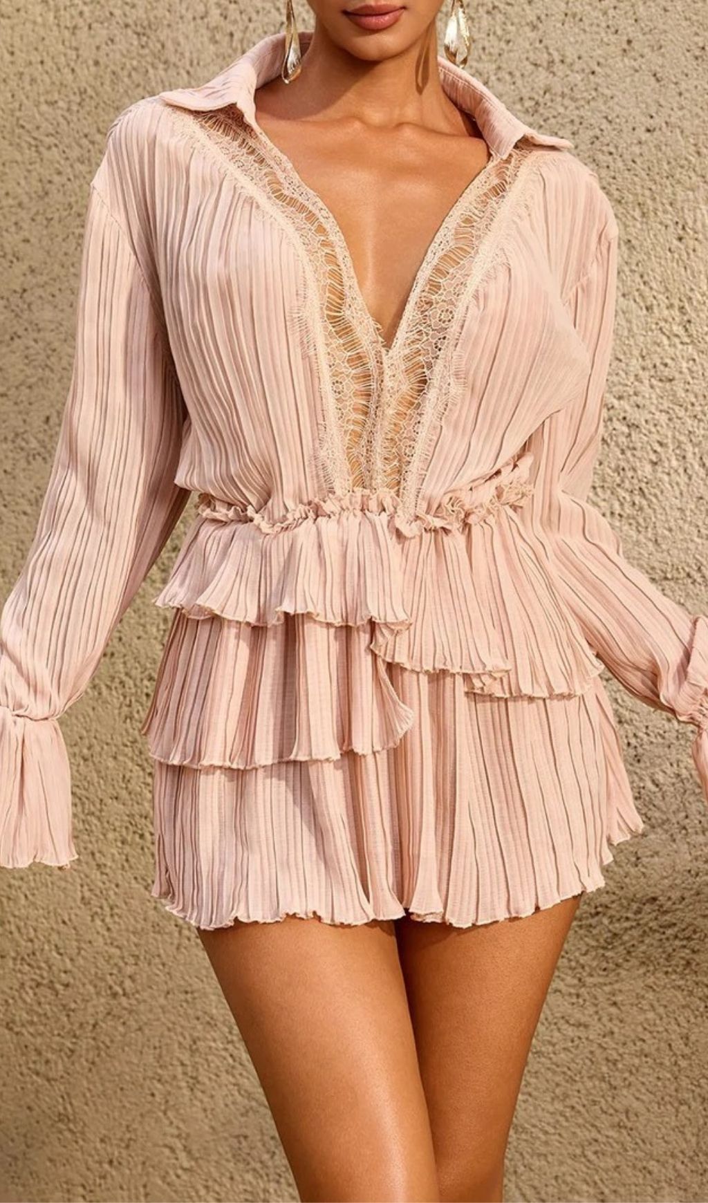 Lorthane Plunge Neck Pleated Tiered Mini Dress