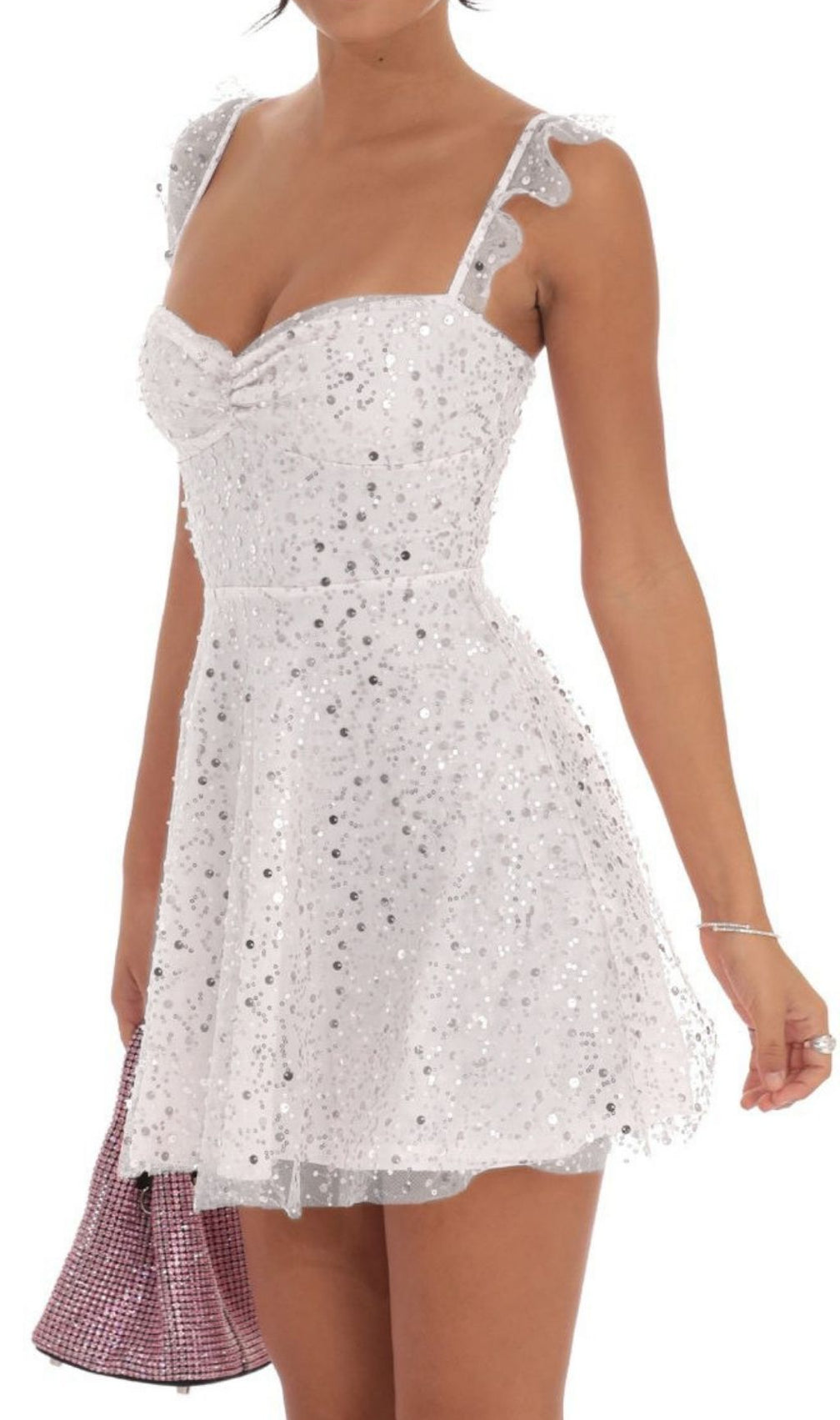 Sequin White Tulle Skater Mini Dress With Ruffled Straps