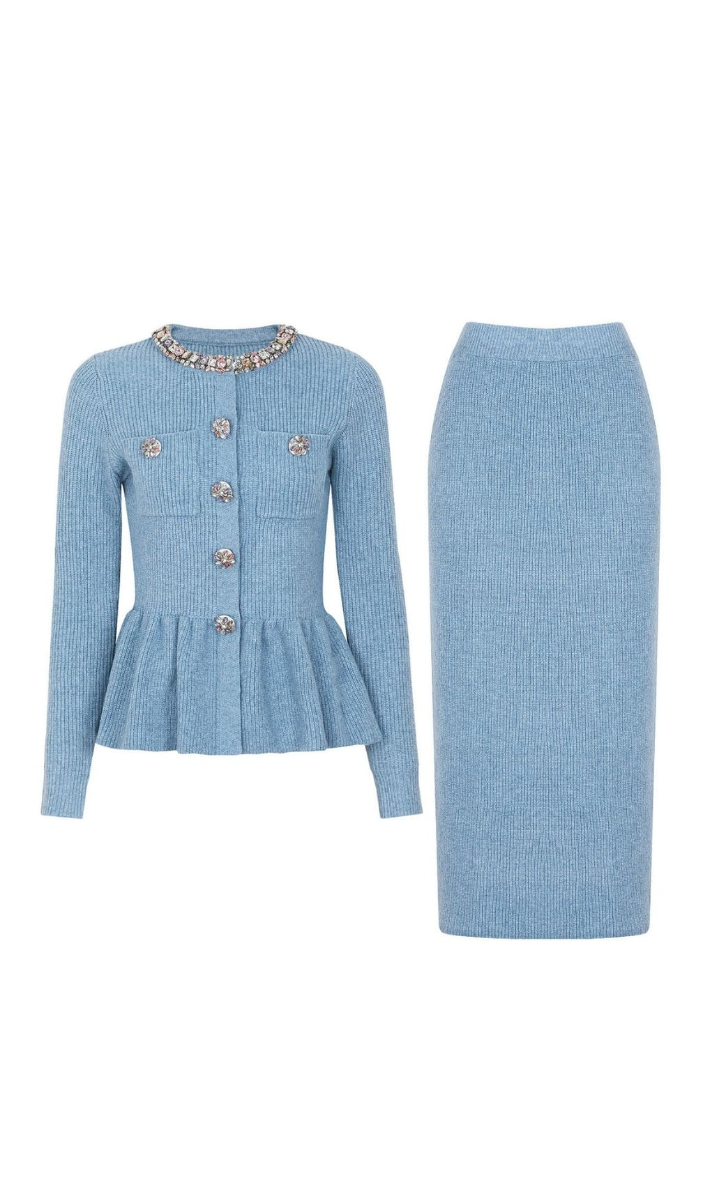 Karna Embellished Knit Peplum Cardigan & Midi Skirt Set - Chic 2-Piece Outfit