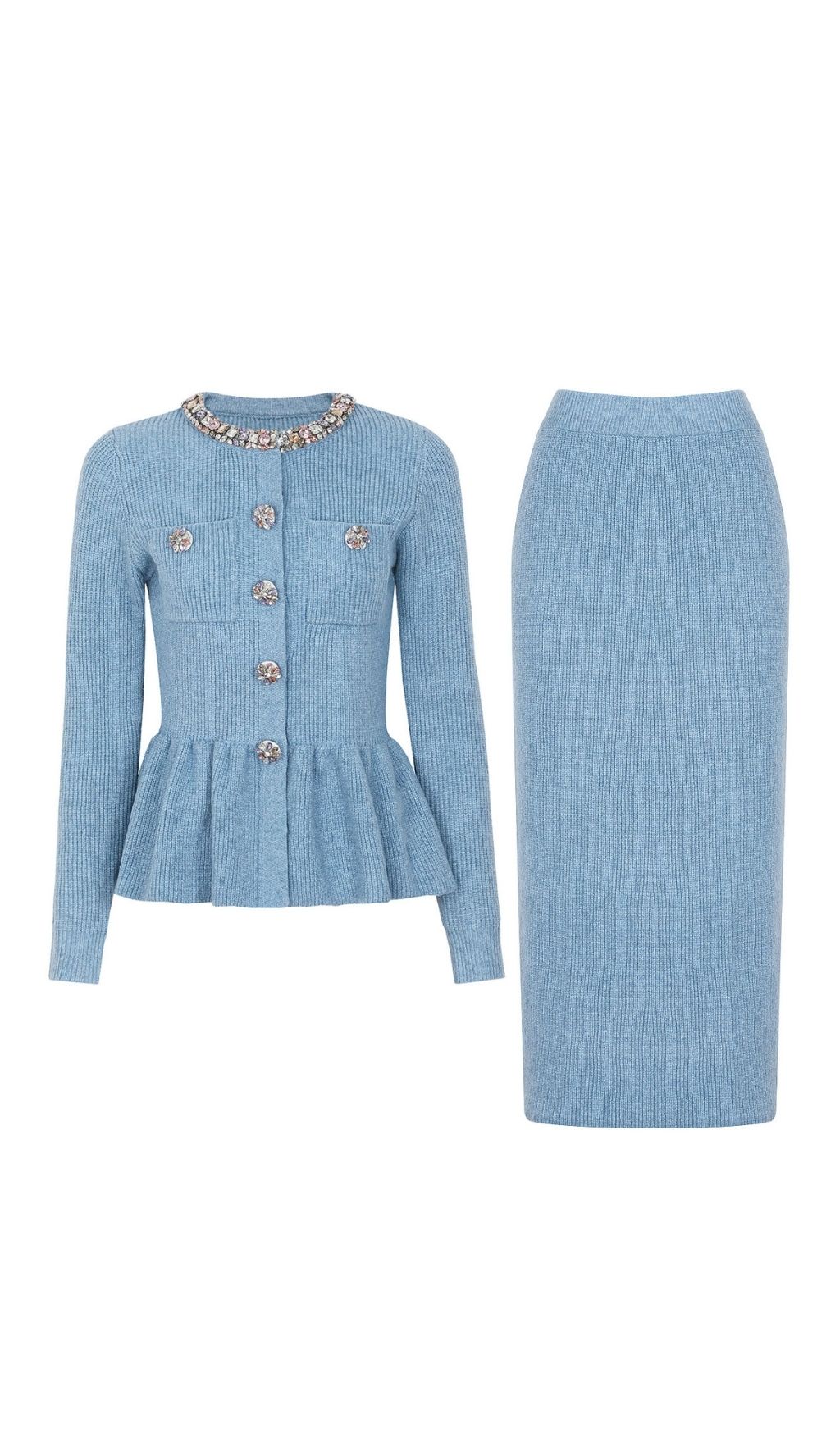 Karna Embellished Knit Peplum Cardigan & Midi Skirt Set - Chic 2-Piece Outfit