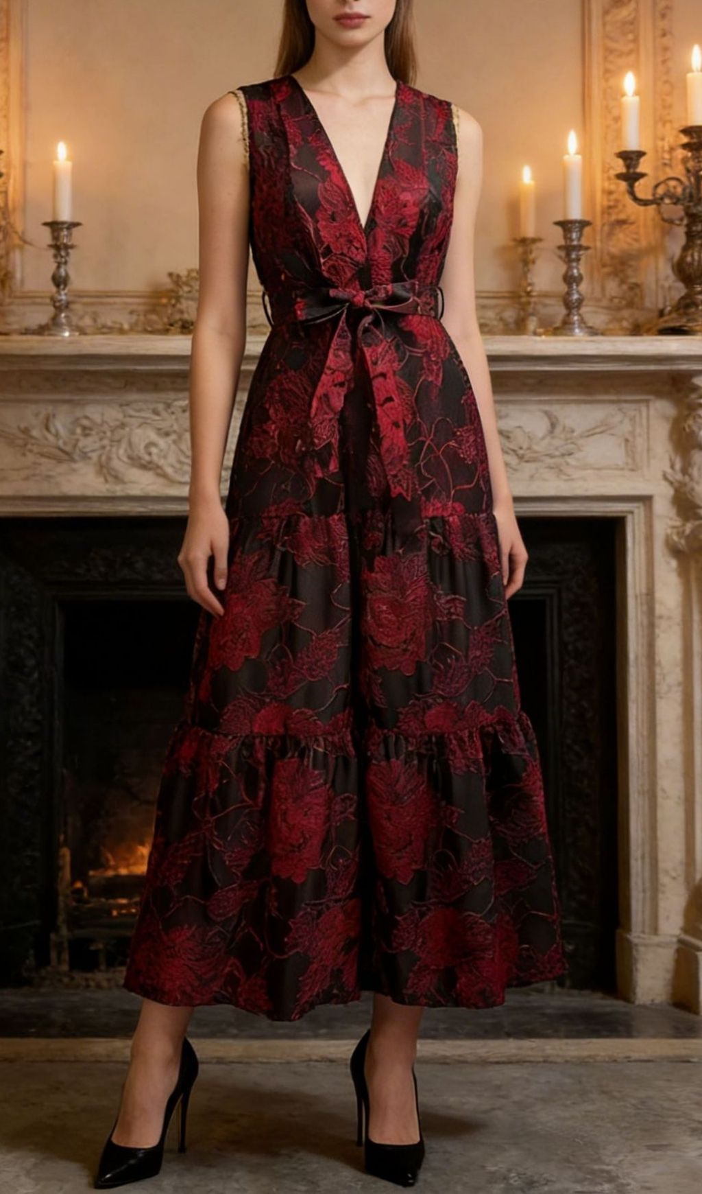 Kaniya Elegant Red & Black Floral Maxi Dress - V-Neck Sleeveless Tie Waist