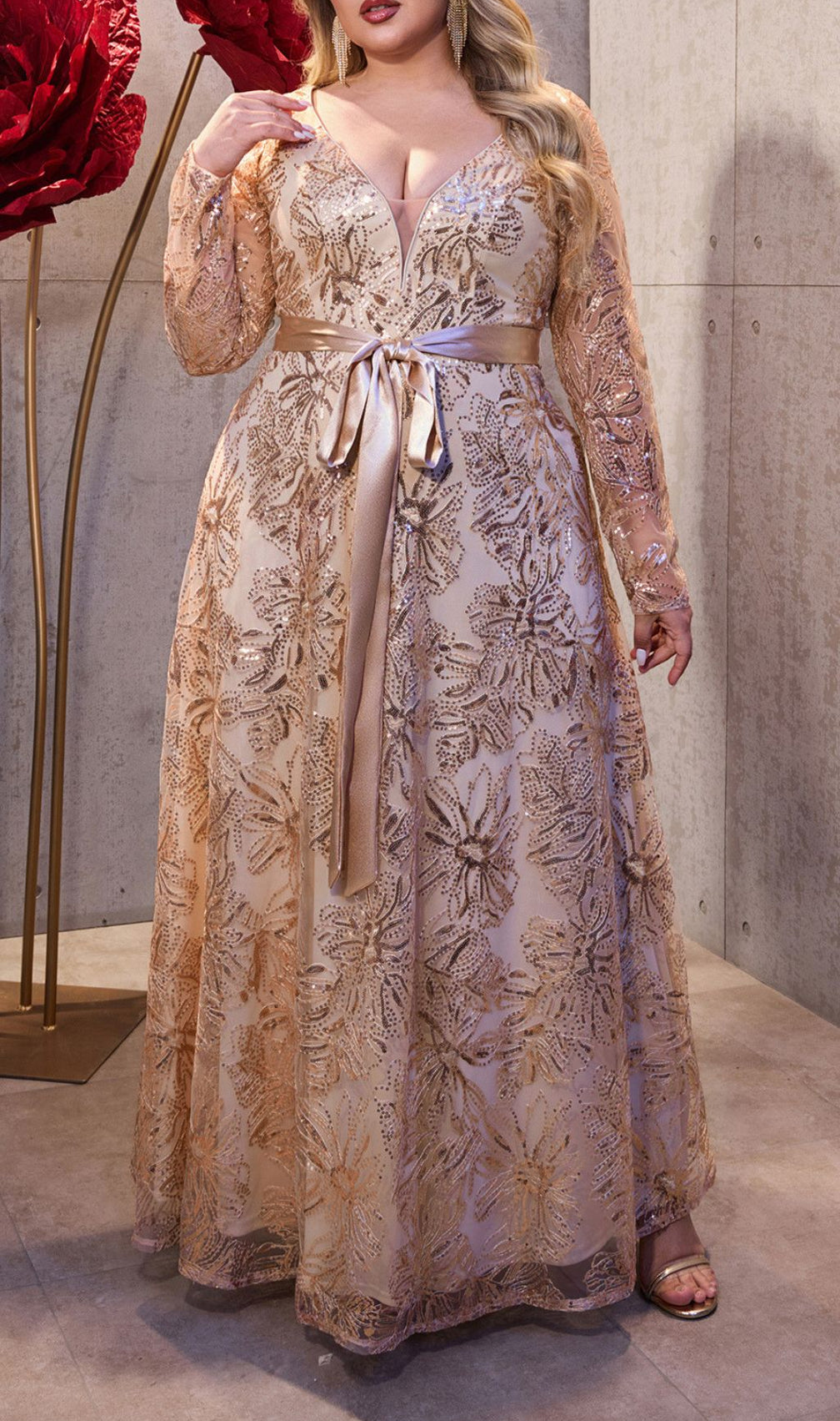 Ioanna Dazzling Rose Gold Sequin Plus Size Maxi Dress - Long Sleeve V-Neck Formal Gown