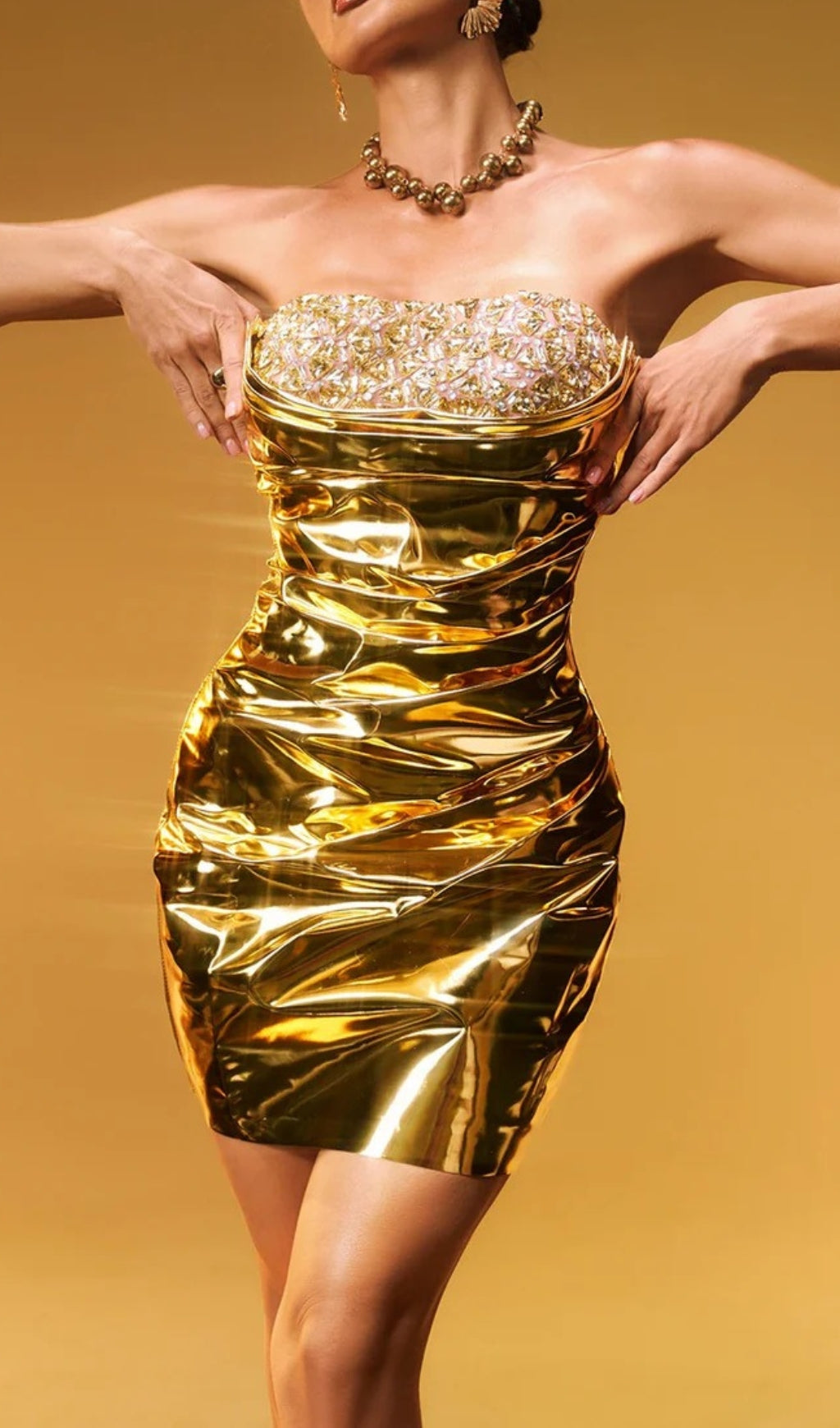 Kaleido Strapless Metallic Mini Dress In Gold