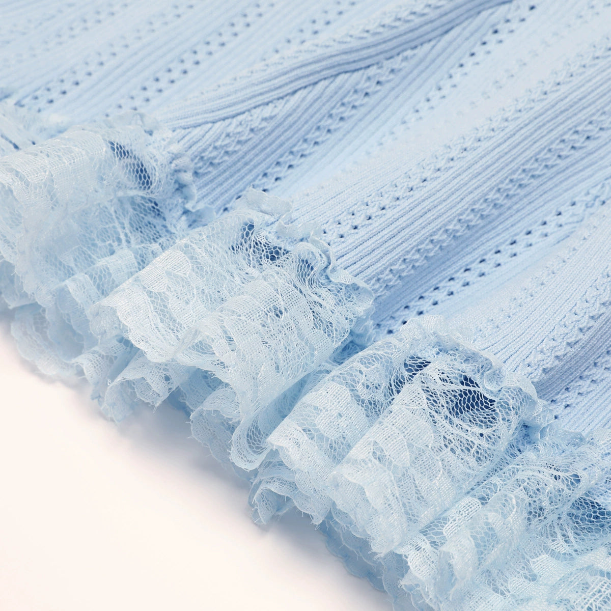 Khosrow Light Blue Knit Peplum Mini Dress with Delicate Lace Trim