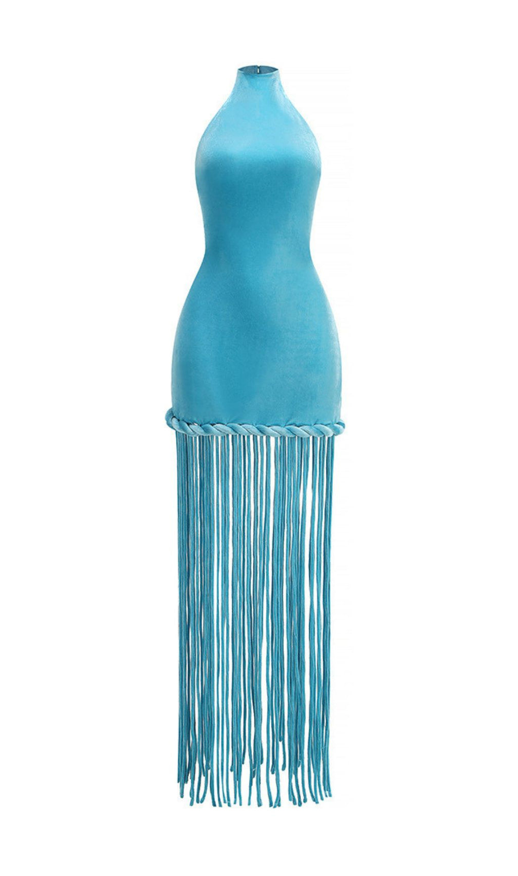 Jamie Dazzling Blue Velvet Halter Fringe Maxi Dress