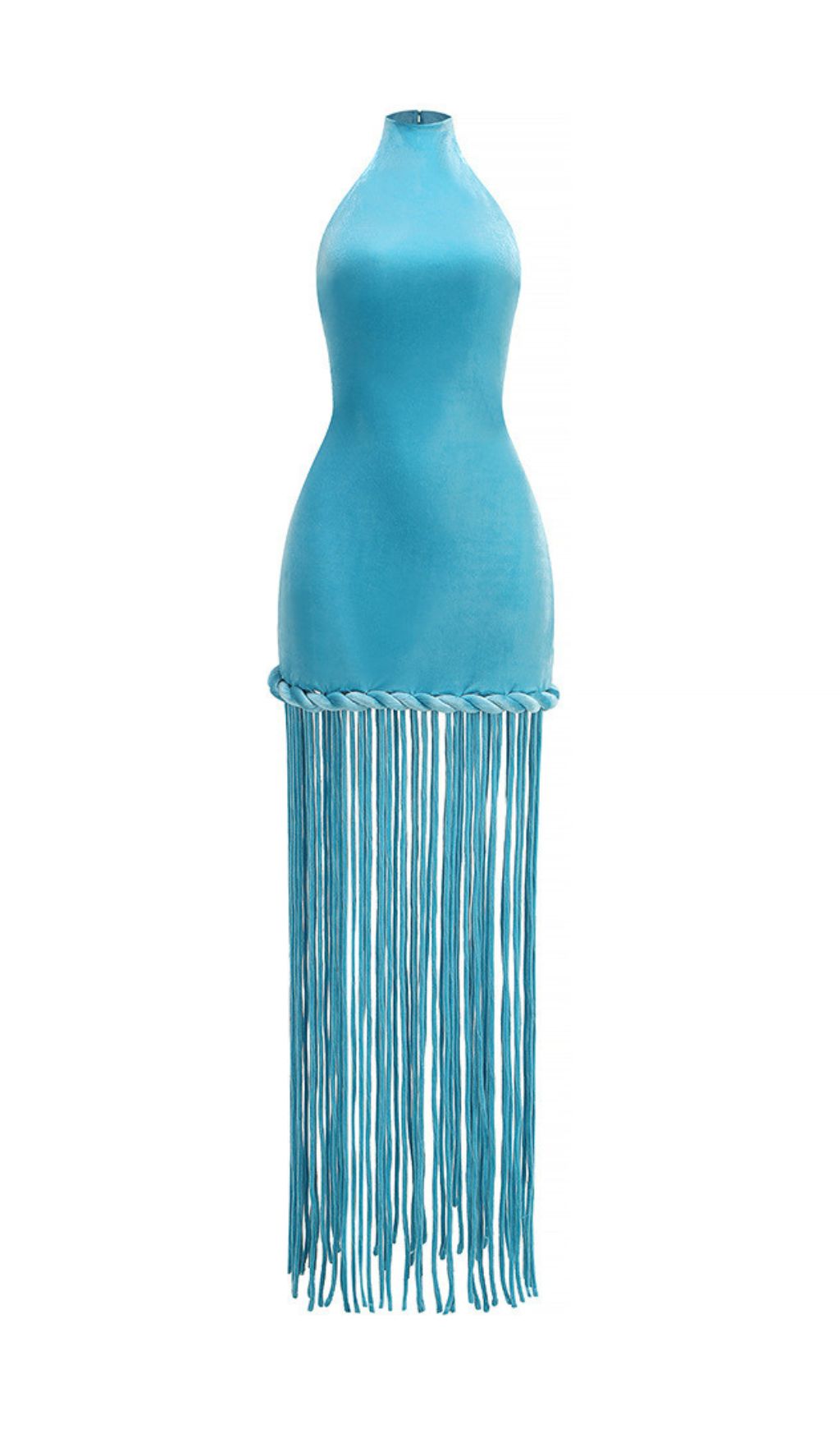 Jamie Dazzling Blue Velvet Halter Fringe Maxi Dress