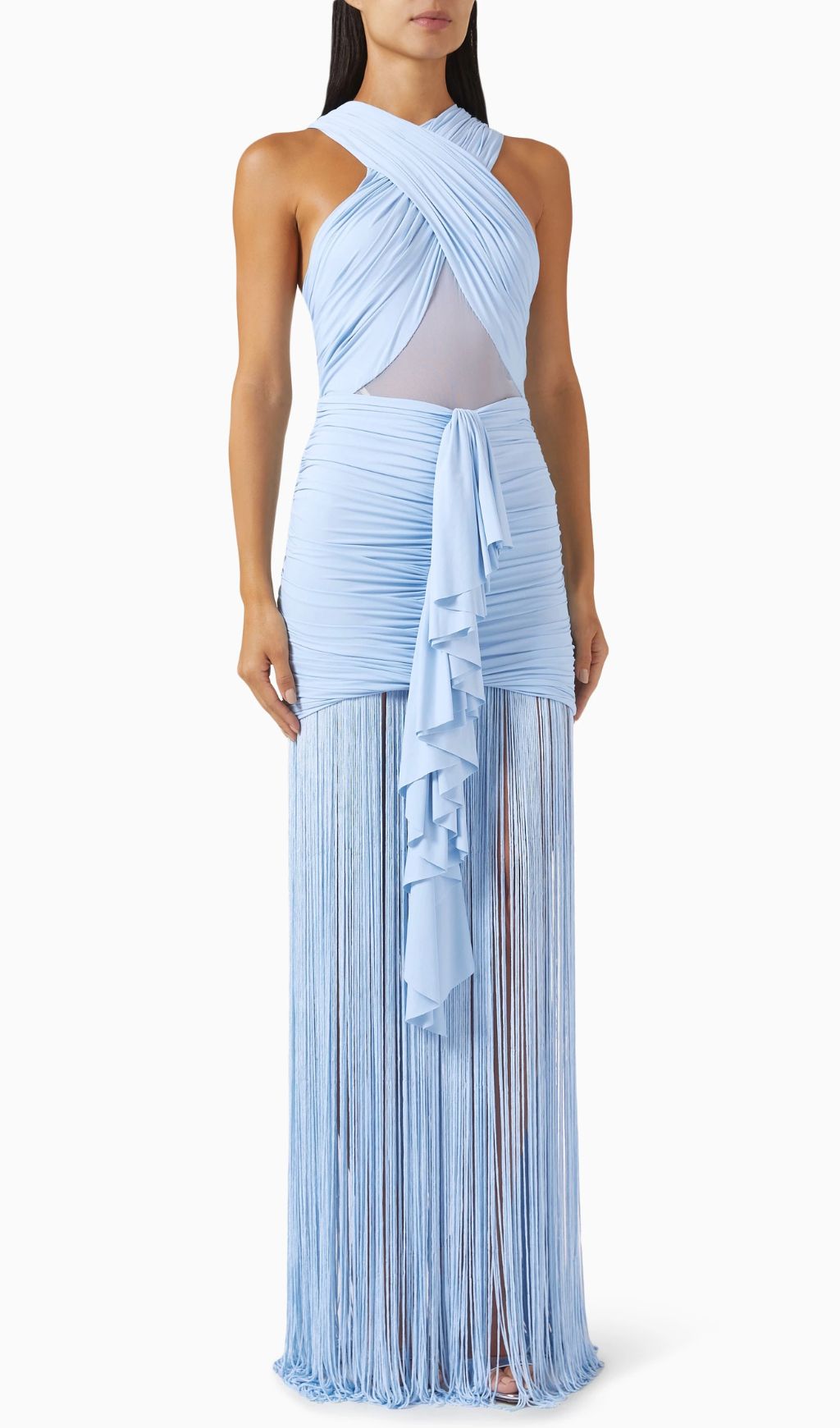 Hiromi Blue Mesh Ruched Tassel Maxi Dress