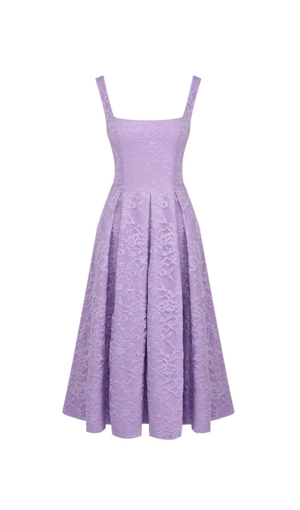 Keona Chic Lavender Lace Square Neck Midi Dress with Pockets