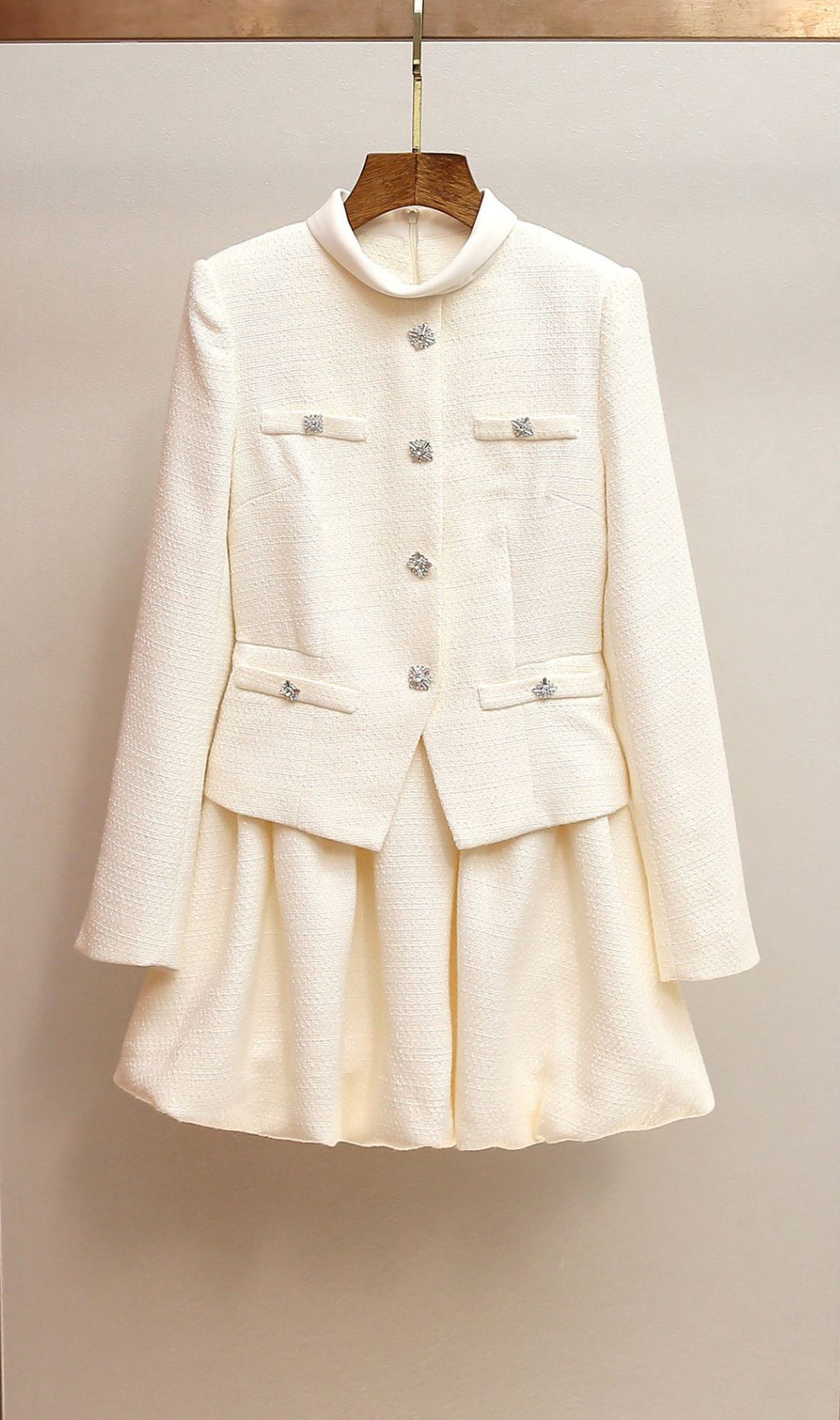Jenner Luxe White Tweed Mini Dress | Structured Long Sleeve & Embellished Buttons