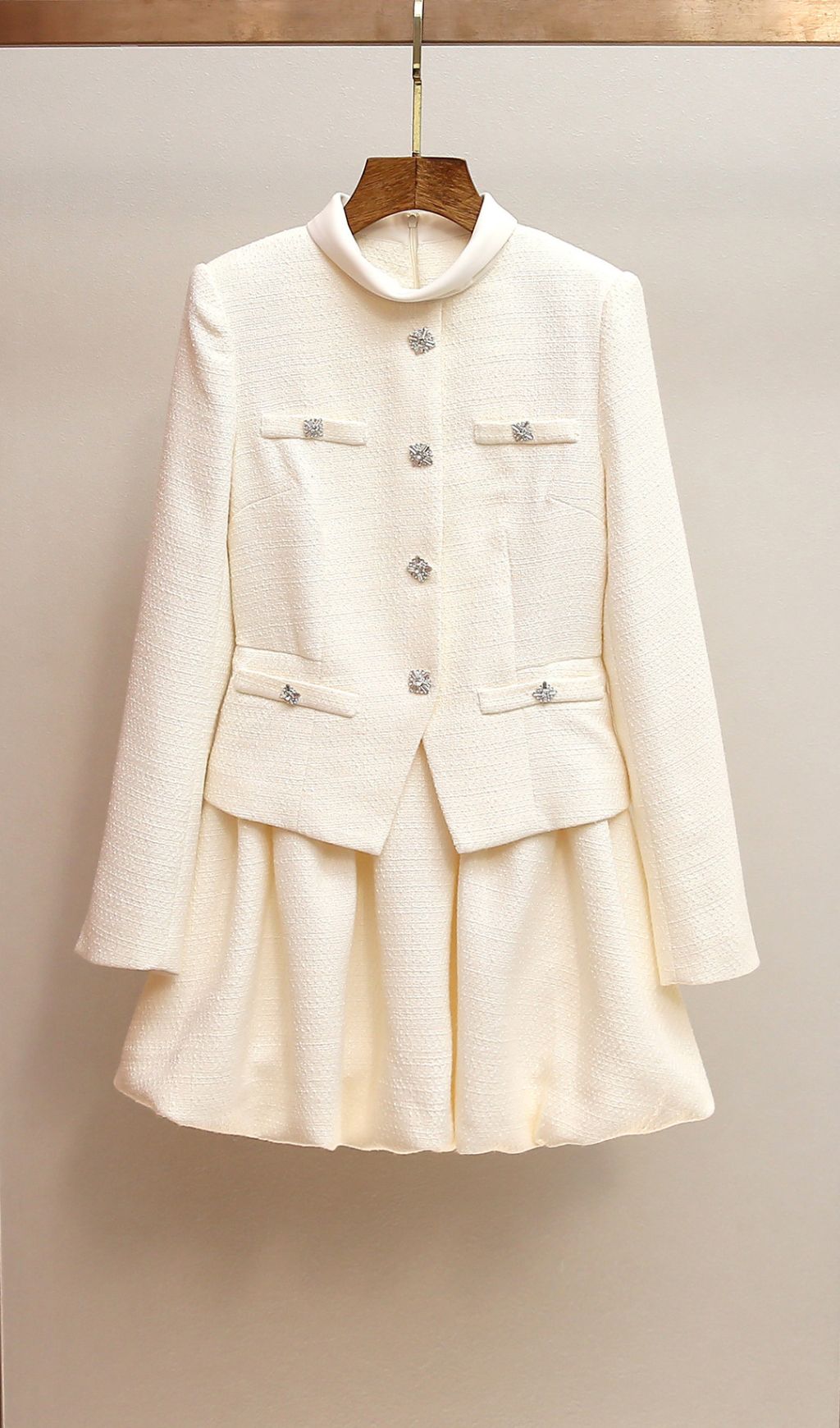 Jenner Luxe White Tweed Mini Dress | Structured Long Sleeve & Embellished Buttons