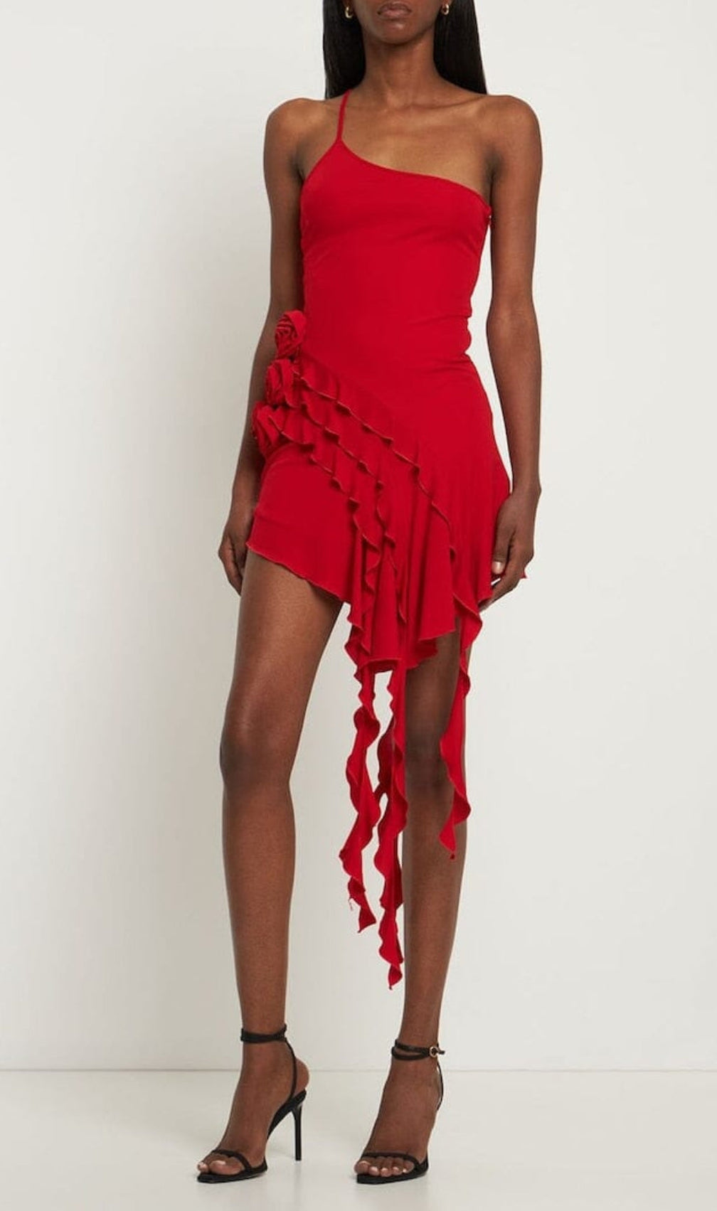 Rose-Detail Ruffled Mini Dress In Red