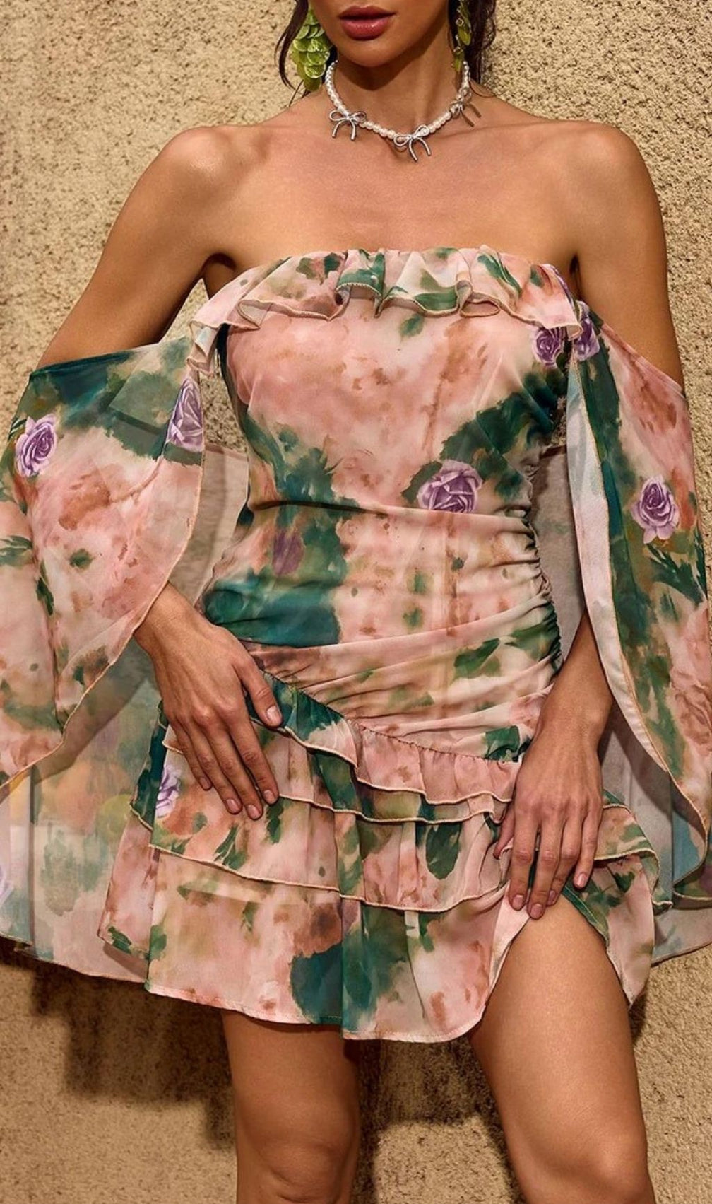 Dreamy Chelan Floral Ruffle Mini Dress with Off-Shoulder Cape Sleeves