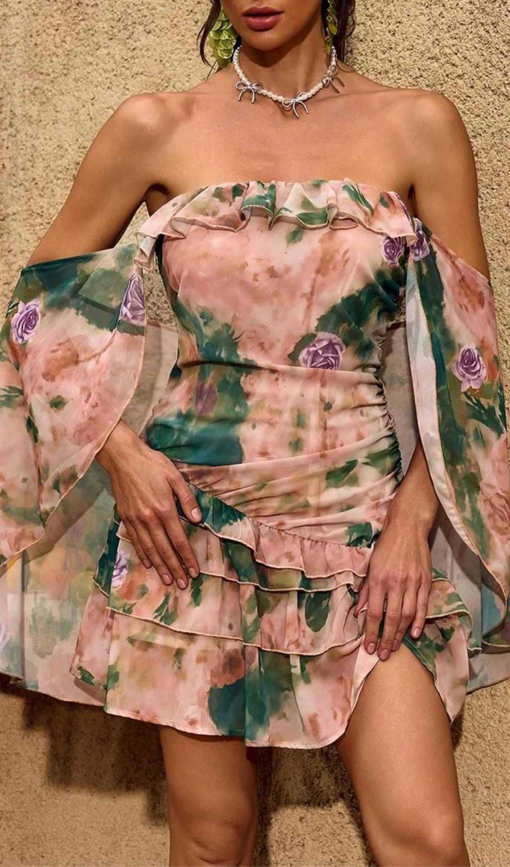 Dreamy Chelan Floral Ruffle Mini Dress with Off-Shoulder Cape Sleeves