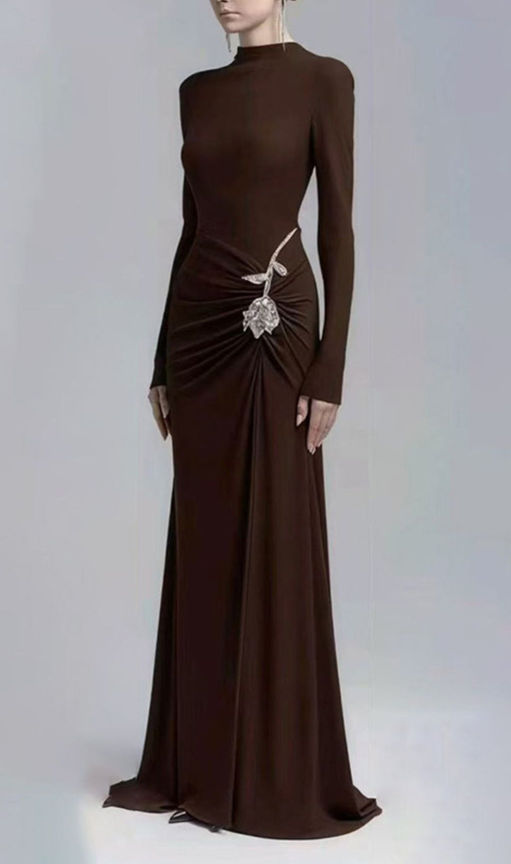 Elegant Merlot Ruched Long Sleeve Maxi Dress with Crystal Flower Embellishment